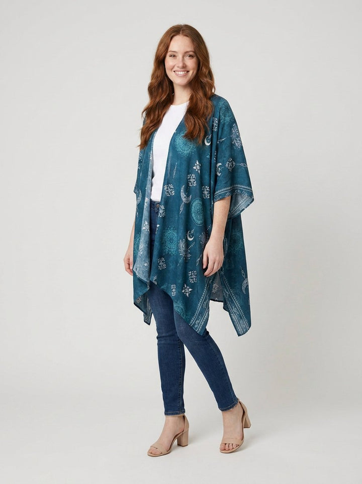 Luna teal celestial print beach kimono pose