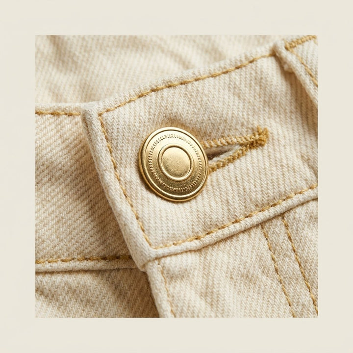 Luna ivory denim shorts fabric and button close-up