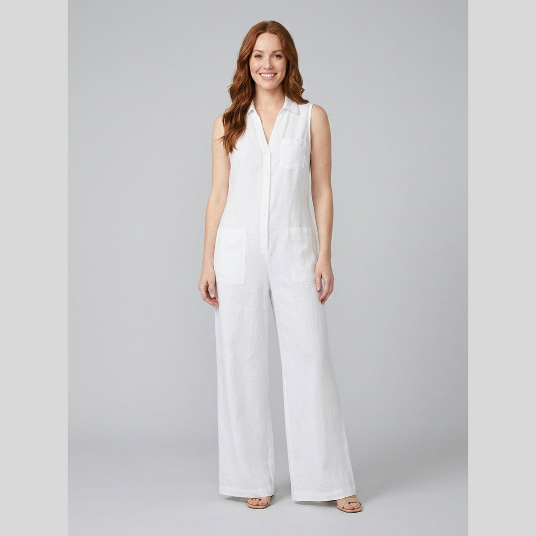 Luna white sleeveless cotton-linen wide-leg jumpsuit front on model