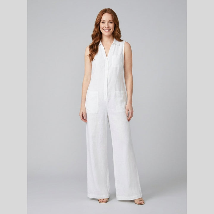 Luna white sleeveless cotton-linen wide-leg jumpsuit front on model