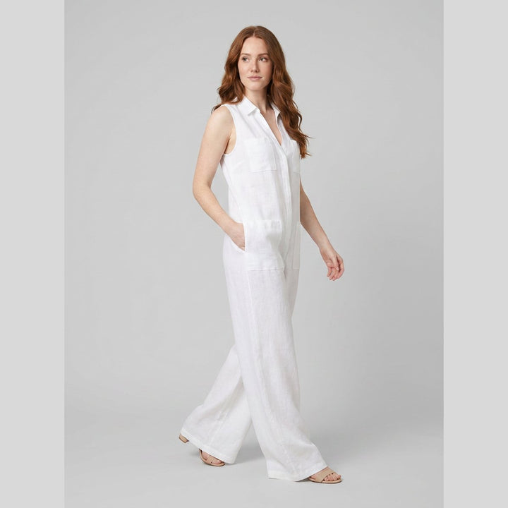 Luna white linen jumpsuit three-quarter side on model