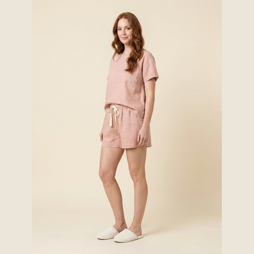 Luna blush linen pajama set three-quarter side on model