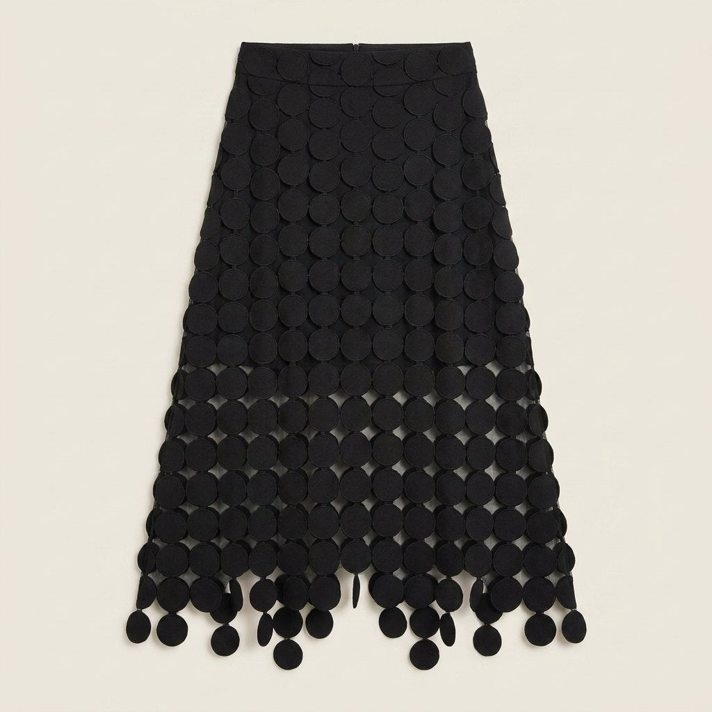 Luna black laser-cut disc midi skirt, flat lay