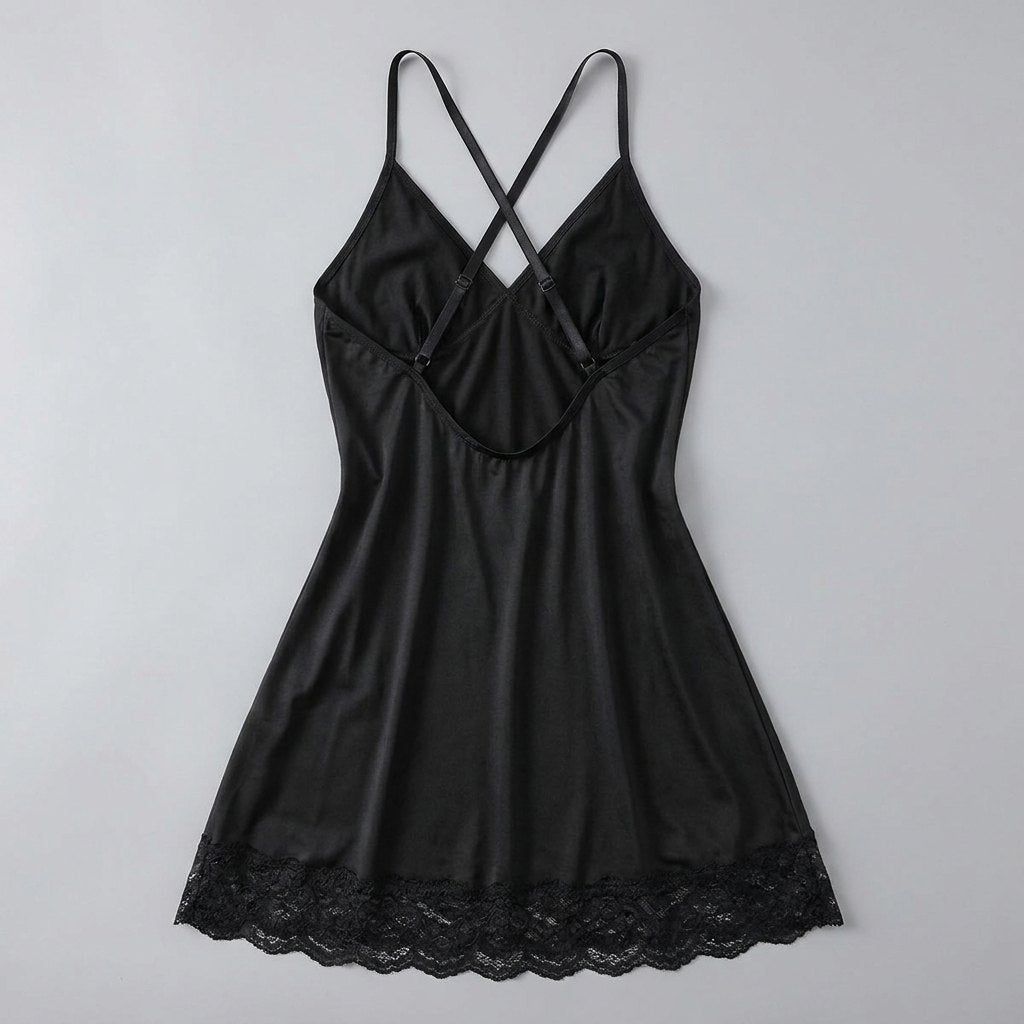 Luna lace-trim satin slip nightgown, back view, flat-lay