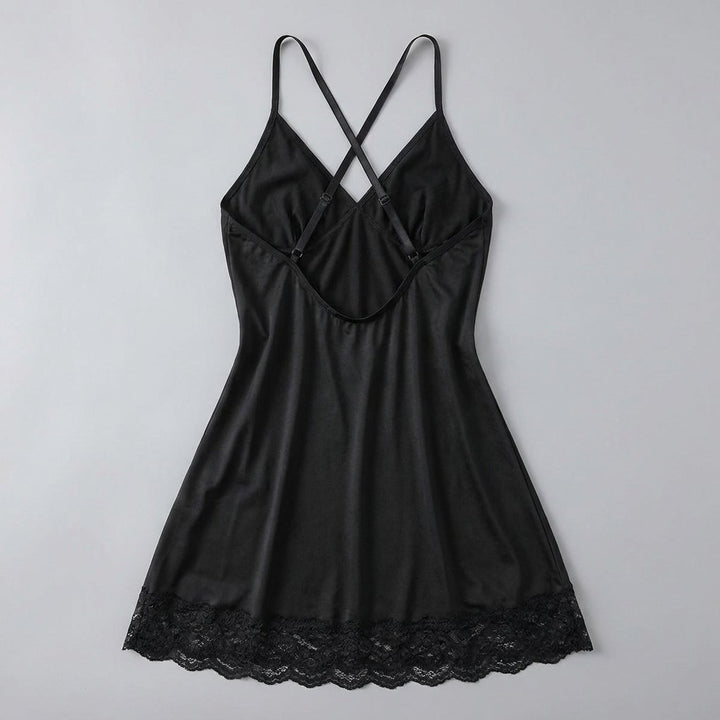 Luna lace-trim satin slip nightgown, back view, flat-lay