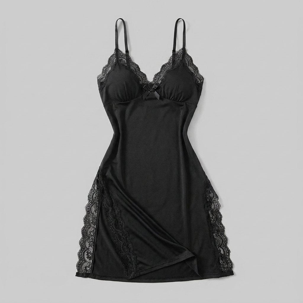 Luna lace-trim satin slip nightgown, black, flat-lay