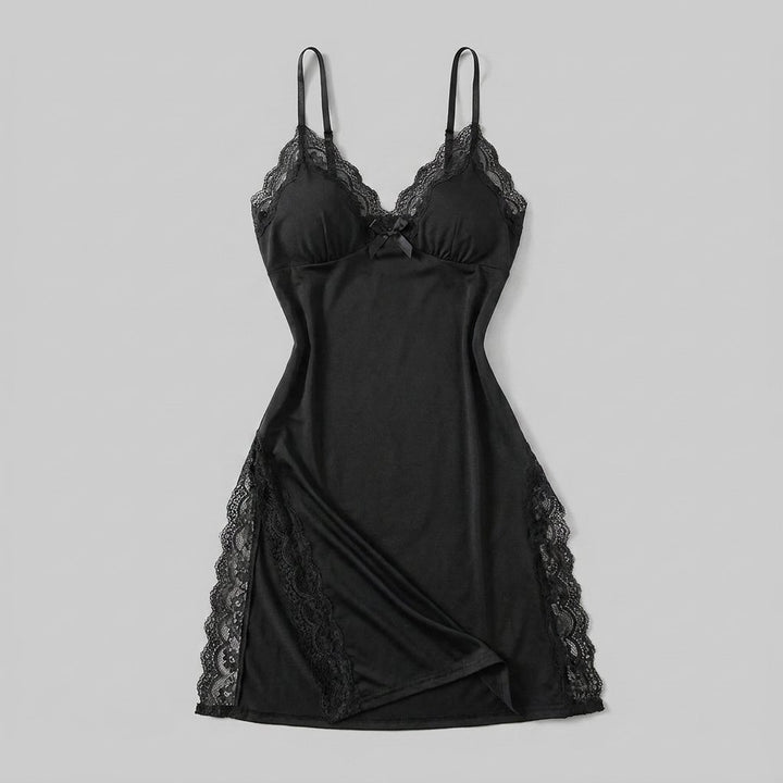 Luna lace-trim satin slip nightgown, black, flat-lay