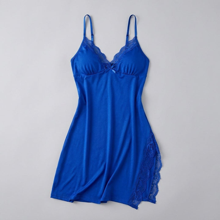 Luna lace-trim satin slip nightgown, royal blue, flat-lay