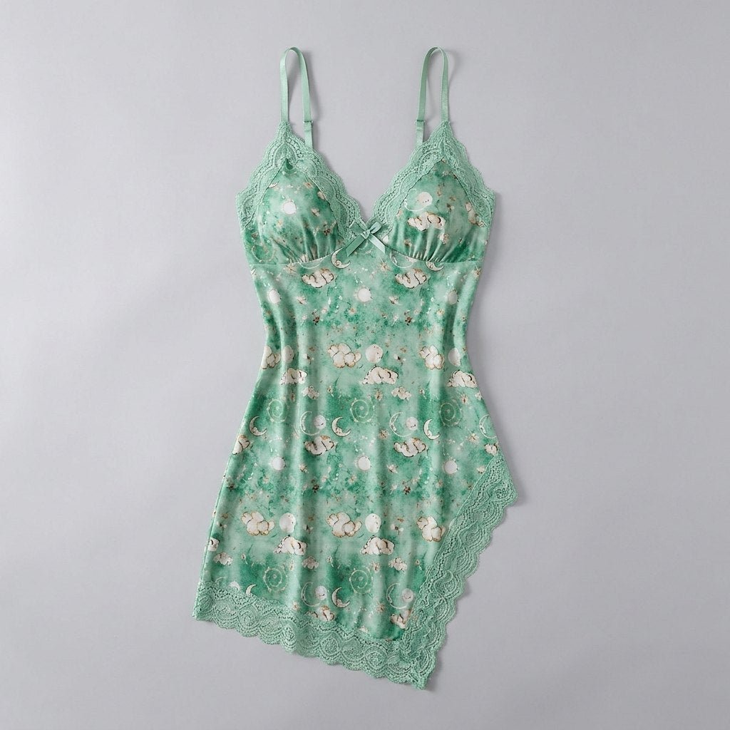 Luna lace-trim satin slip nightgown, dark green floral lace, flat-lay