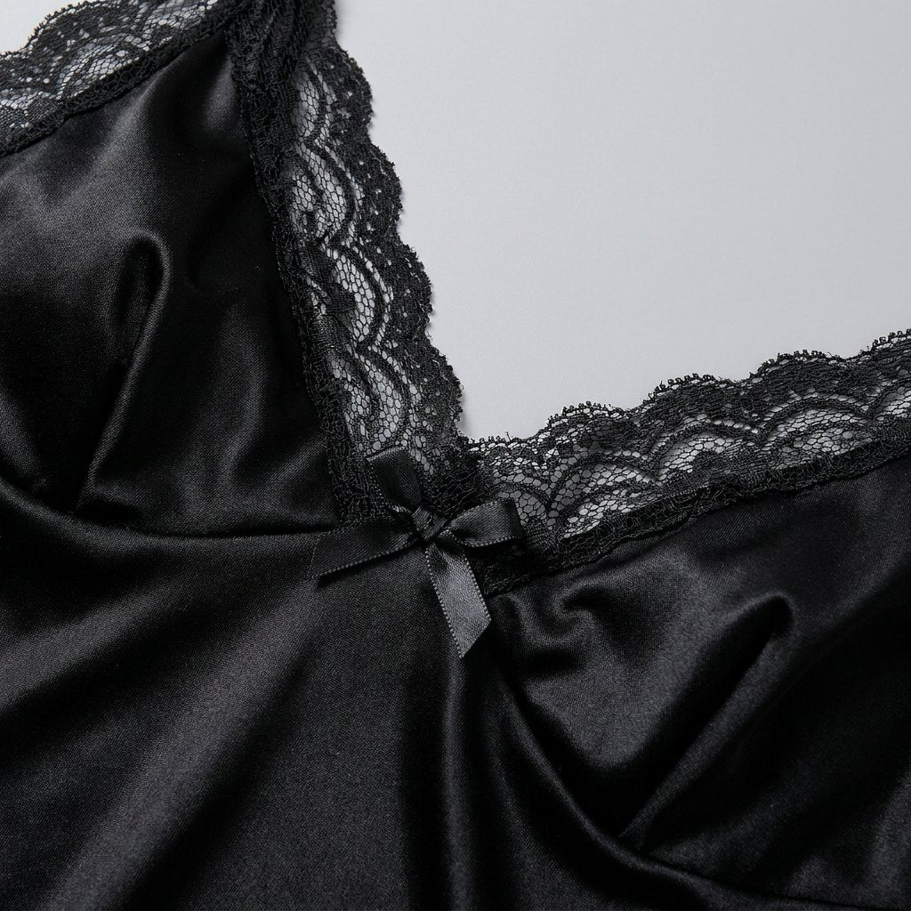 Luna slip nightgown, satin and lace fabric close-up