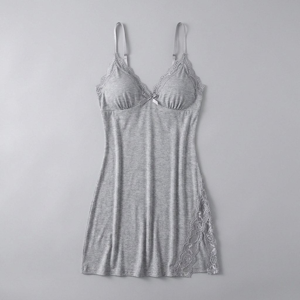 Luna lace-trim satin slip nightgown, grey, flat-lay