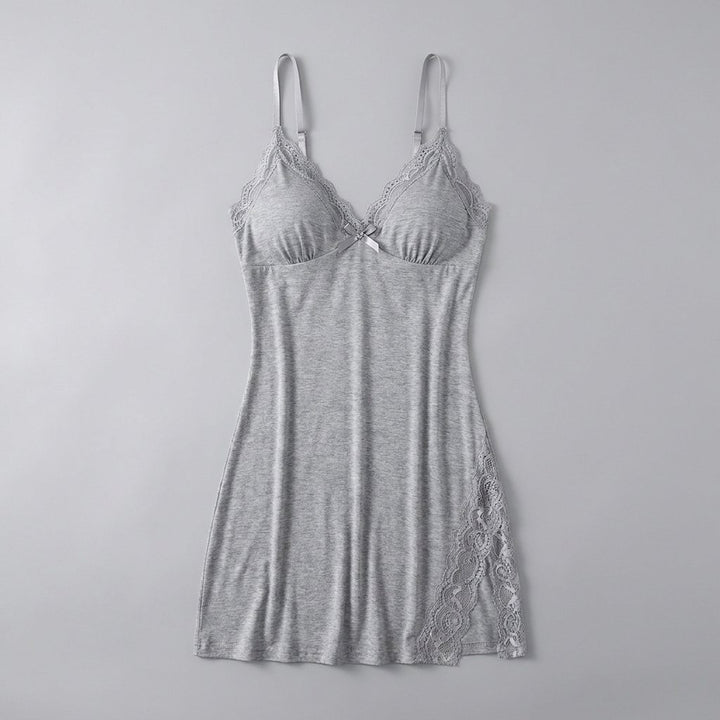 Luna lace-trim satin slip nightgown, grey, flat-lay