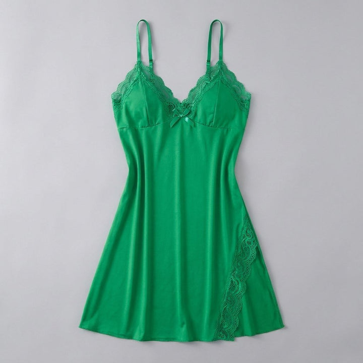 Luna lace-trim satin slip nightgown, green, flat-lay