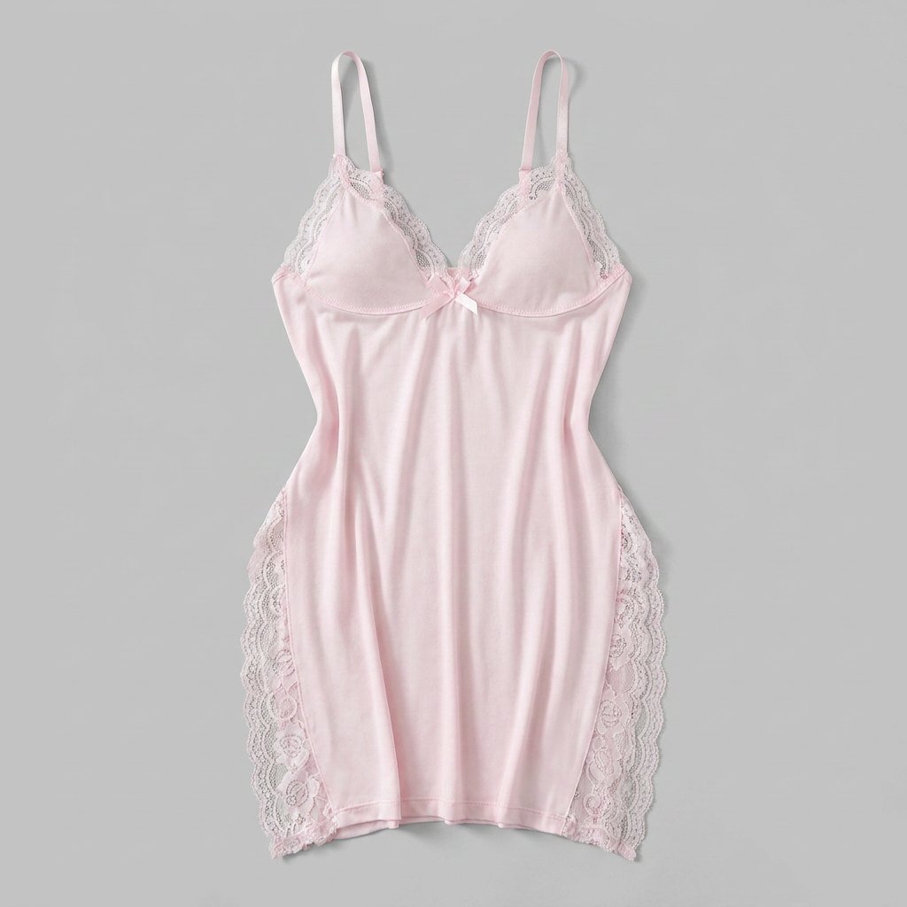 Luna lace-trim satin slip nightgown, pink, flat-lay