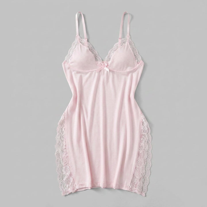 Luna lace-trim satin slip nightgown, pink, flat-lay