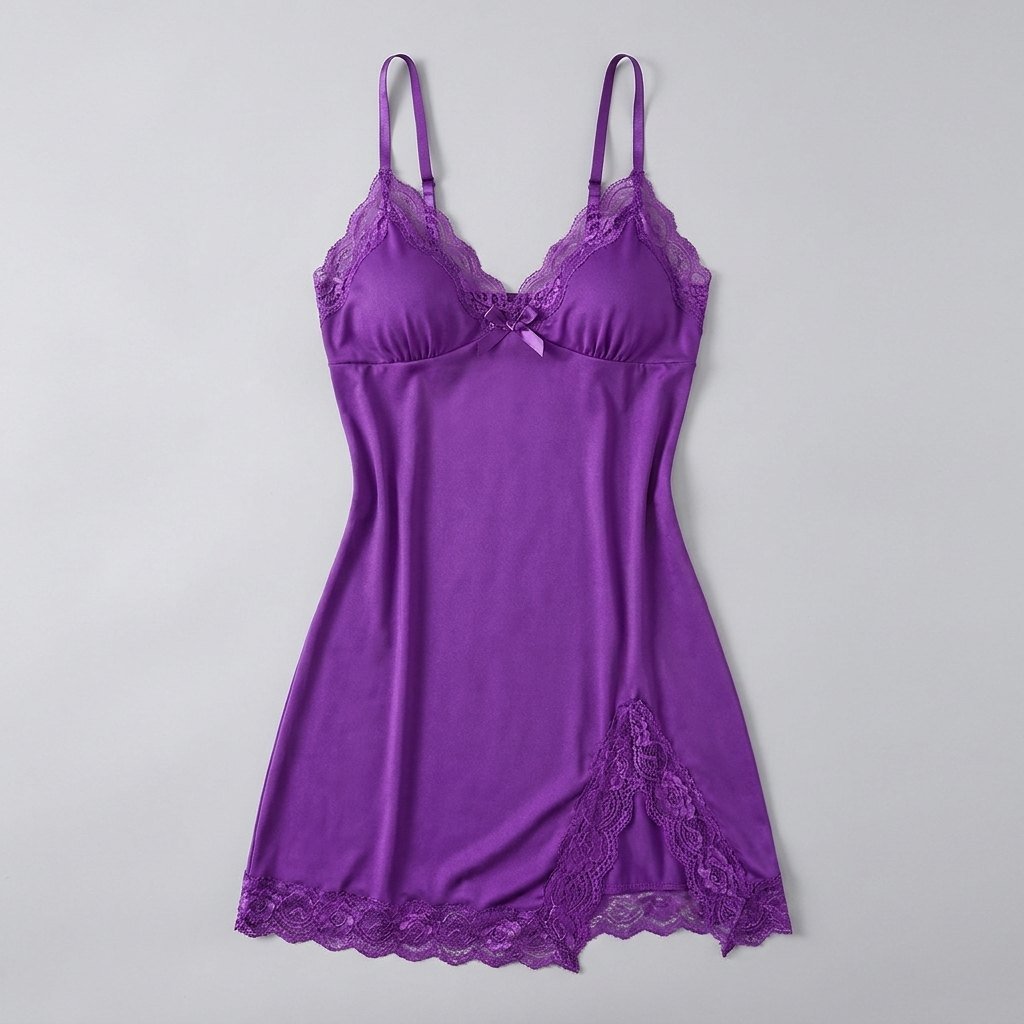 Luna lace-trim satin slip nightgown, purple, flat-lay