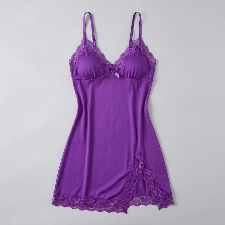 Luna lace-trim satin slip nightgown, purple, flat-lay