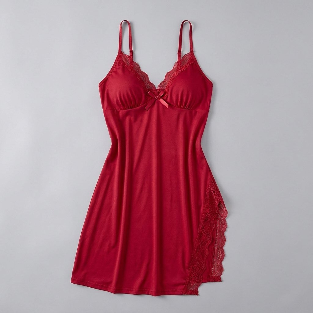 Luna lace-trim satin slip nightgown, red, flat-lay