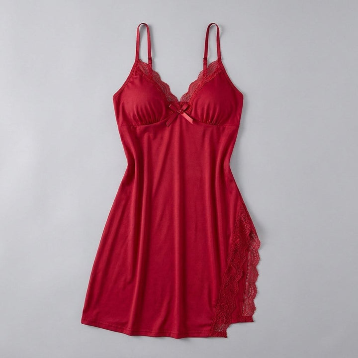 Luna lace-trim satin slip nightgown, red, flat-lay