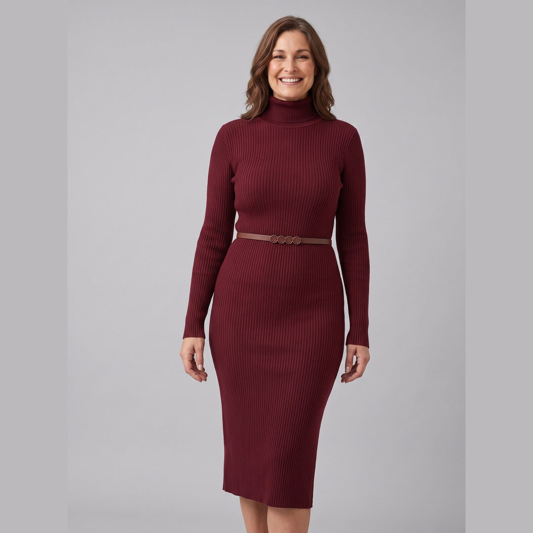 Luna burgundy ribbed turtleneck dress front on model