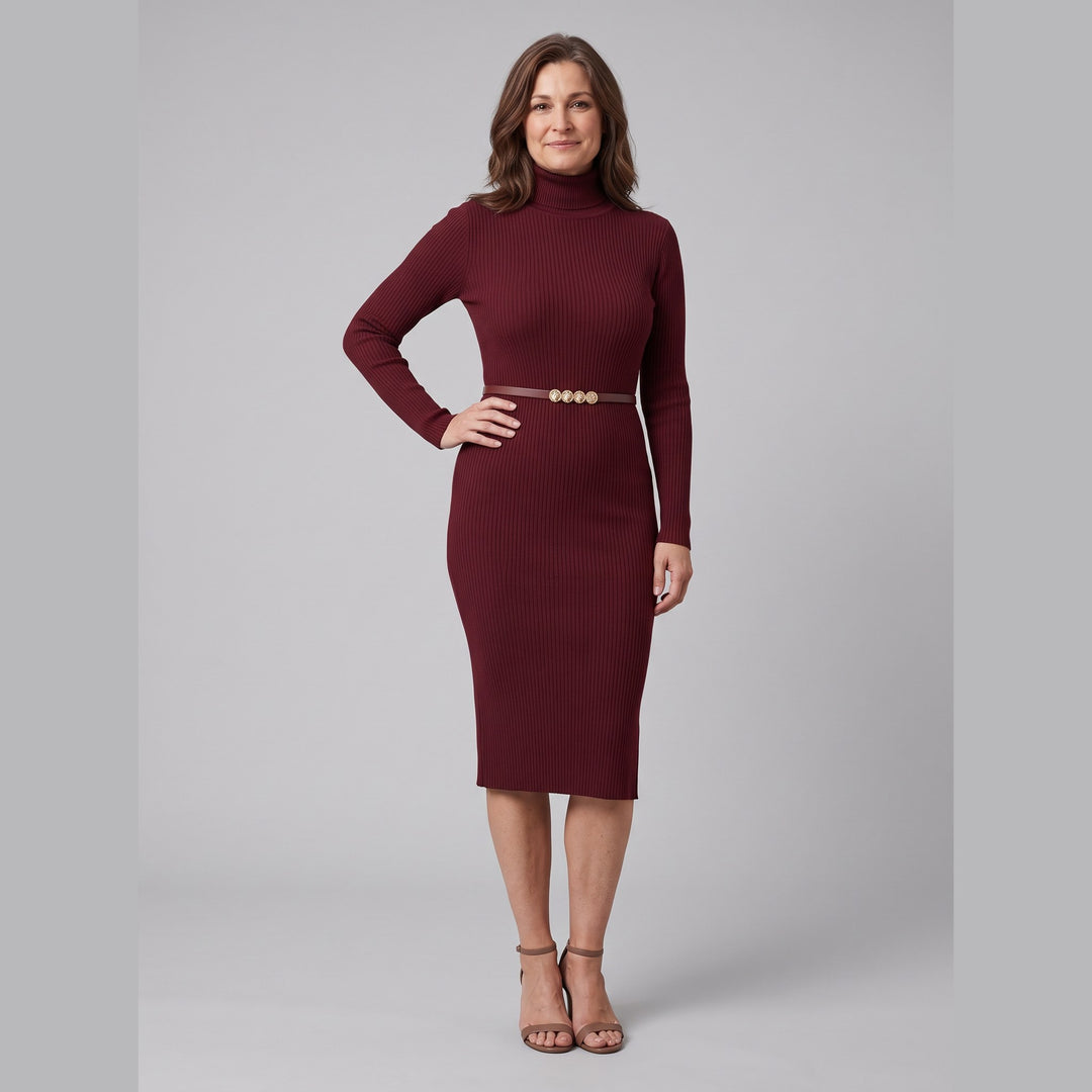 Luna burgundy turtleneck dress three quarter view