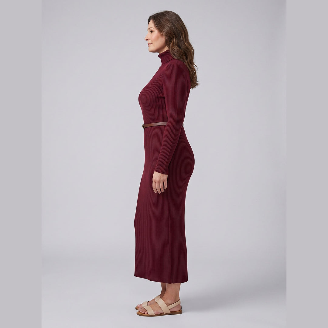 Luna burgundy turtleneck dress side view