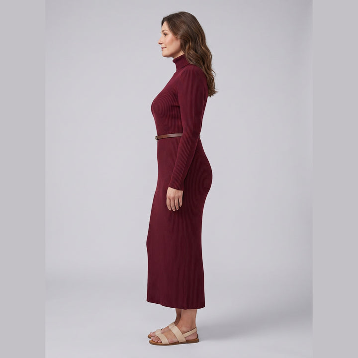 Luna burgundy turtleneck dress side view
