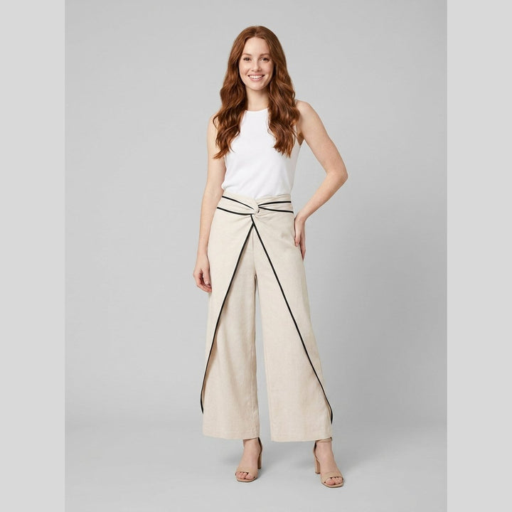 Luna wide-leg linen culotte trousers, beige, on model