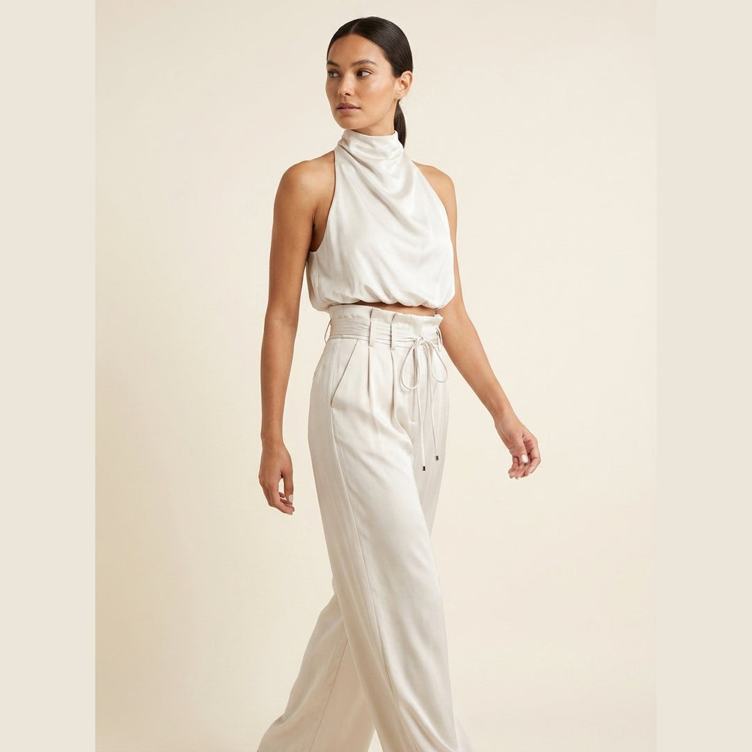 Luxe co-ord set, white silver, on model
