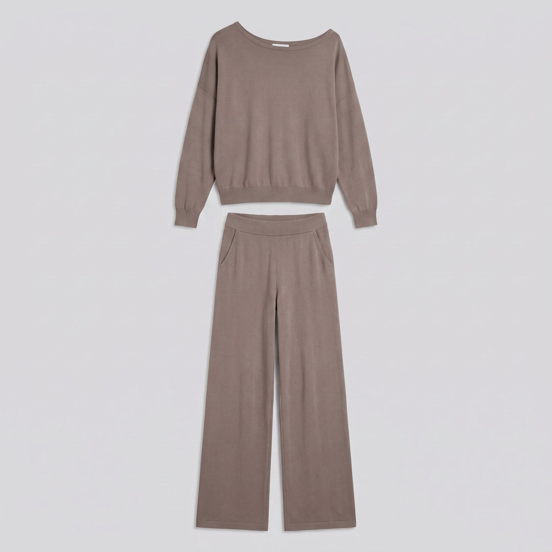 Luxe Eleganza loungewear two-piece set in camel taupe, flat product view