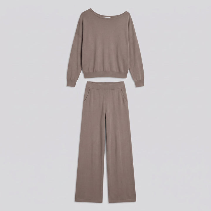 Luxe Eleganza loungewear two-piece set in camel taupe, flat product view