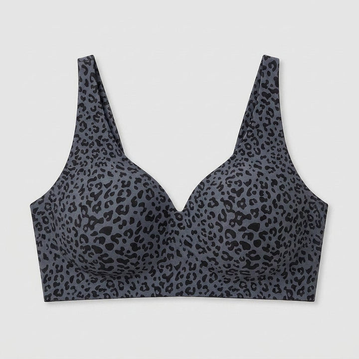 Black leopard wireless V-neck bra flat-lay