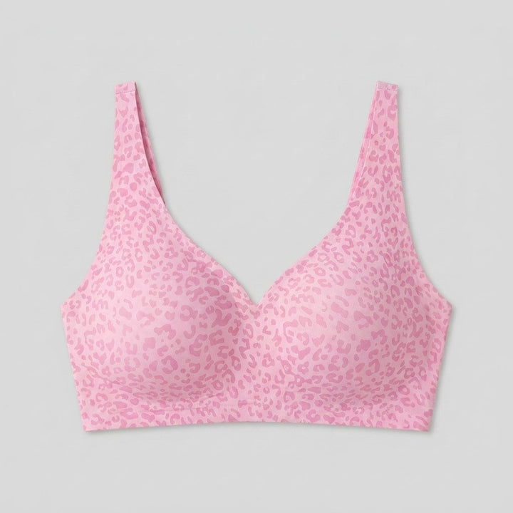 Pink leopard wireless V-neck bra flat-lay