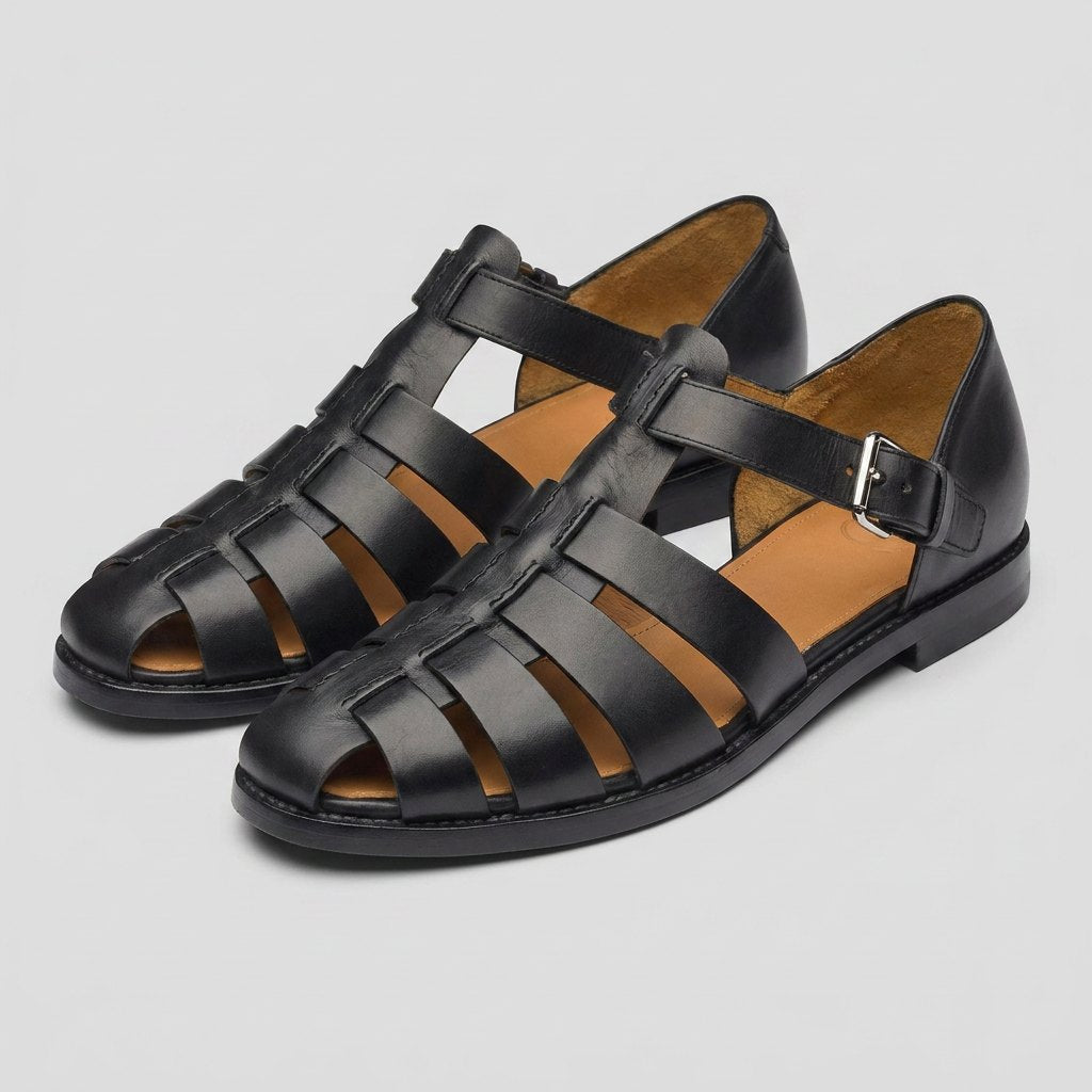 Luxe men's leather fisherman sandals, black