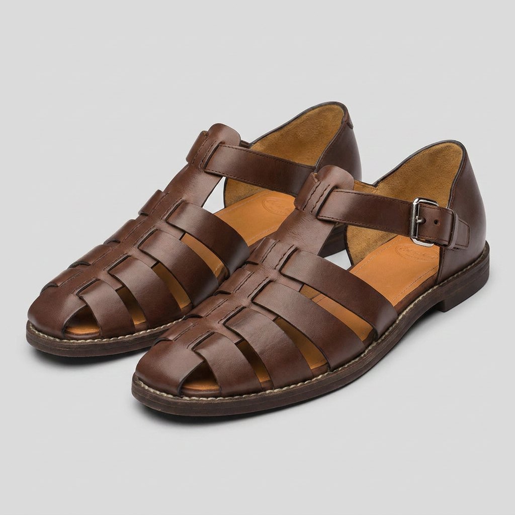 Luxe men's leather fisherman sandals, coffee brown