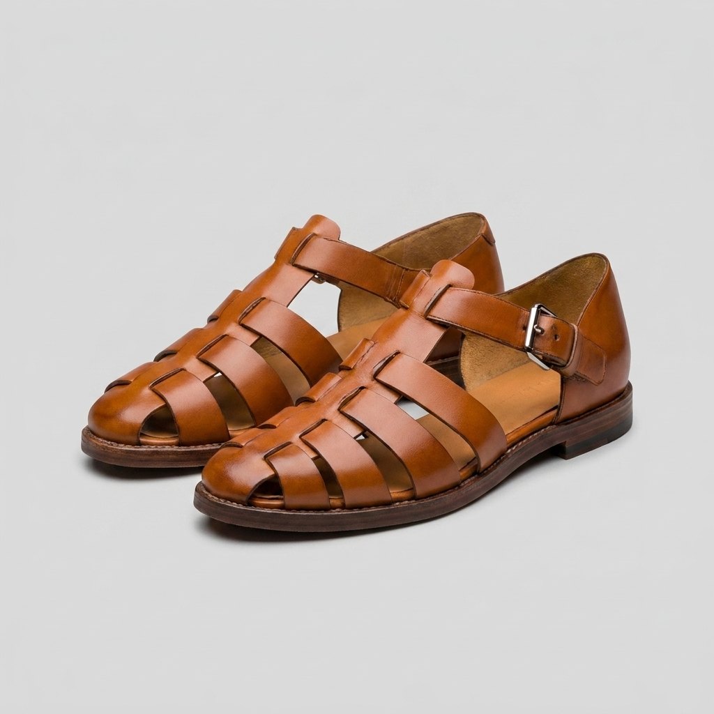 Luxe men's leather fisherman sandals, light brown