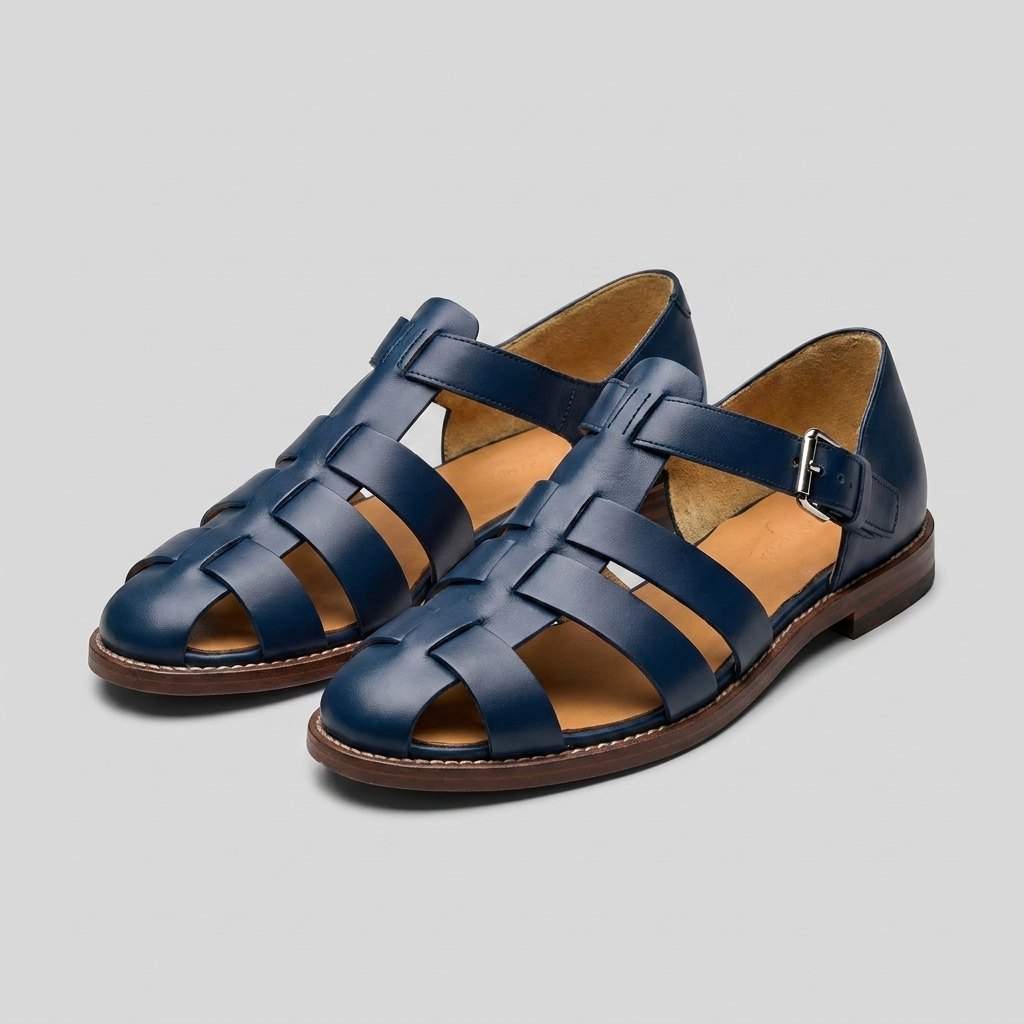 Luxe men's leather fisherman sandals, navy blue