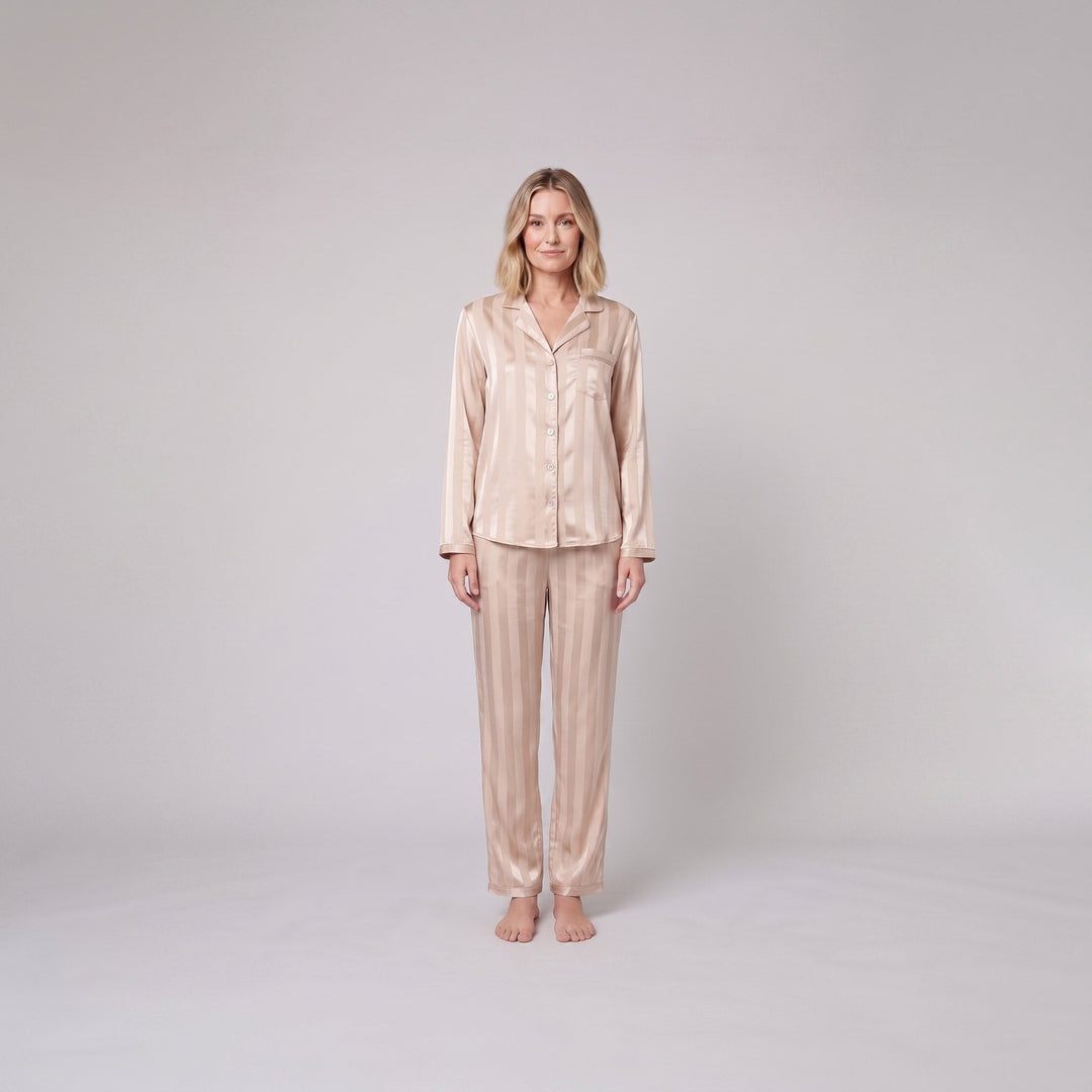 Luxe satin pajama set in champagne beige, front view on model