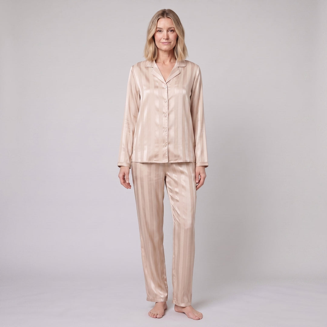 Luxe satin pajama set in champagne beige, relaxed front pose on model