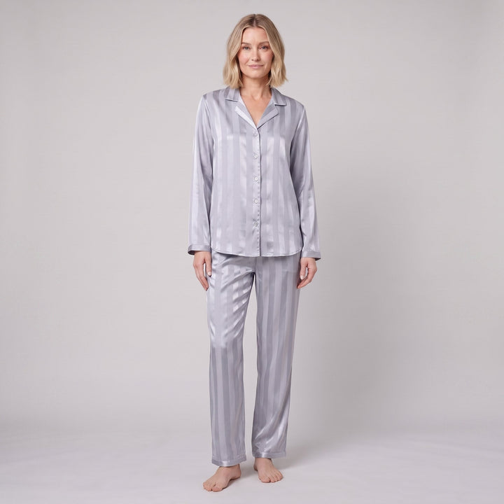 Luxe satin pajama set in silver blue, front view on model