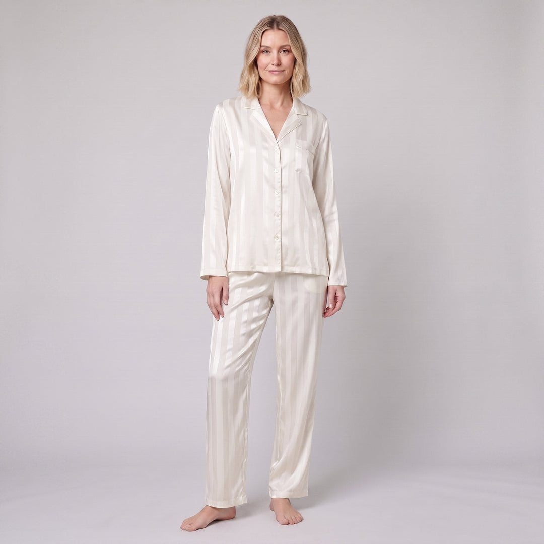 Luxe satin pajama set in ivory white, front view on model