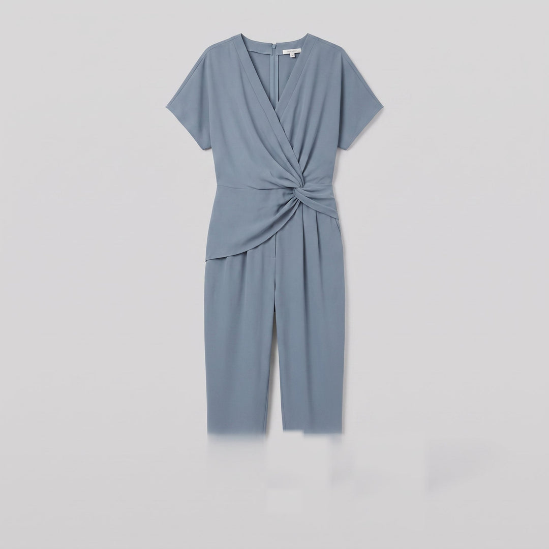 Lyra draped knot jumpsuit in dusty blue, flat product view