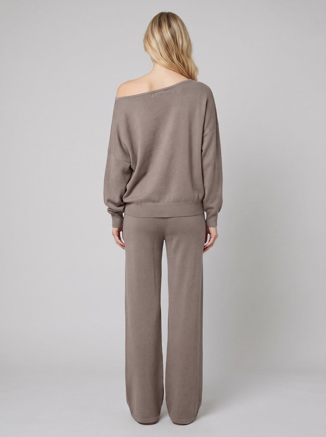Maelle off-shoulder knit lounge set in camel, back view on model