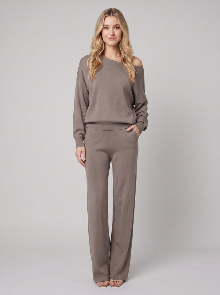 Maelle off-shoulder knit lounge set in camel, sweater and wide-leg pants, front view on model