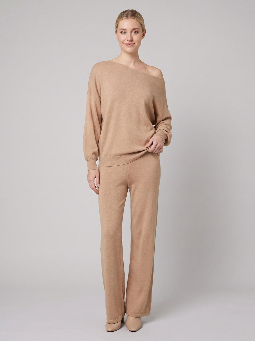 Maelle off-shoulder knit lounge set in khaki, sweater and wide-leg pants on model