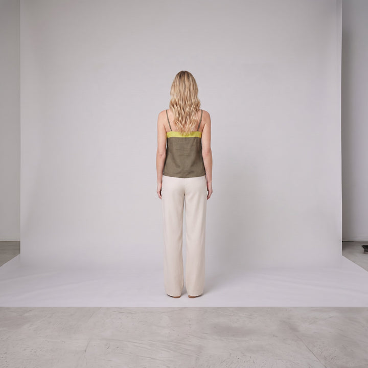 Maisie palo verde colorblock top, back view on model