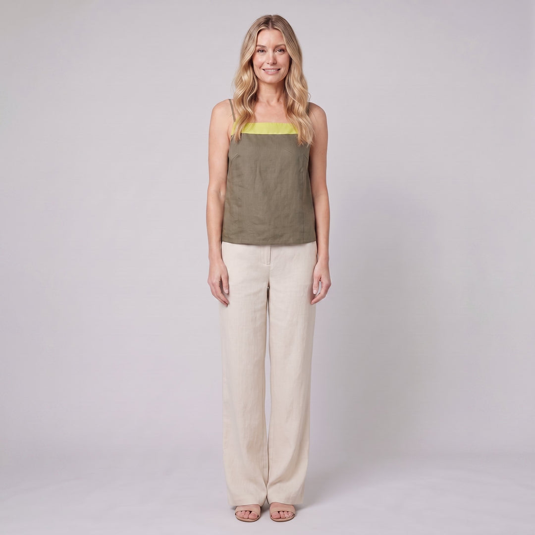 Maisie palo verde colorblock linen camisole top, front view on model