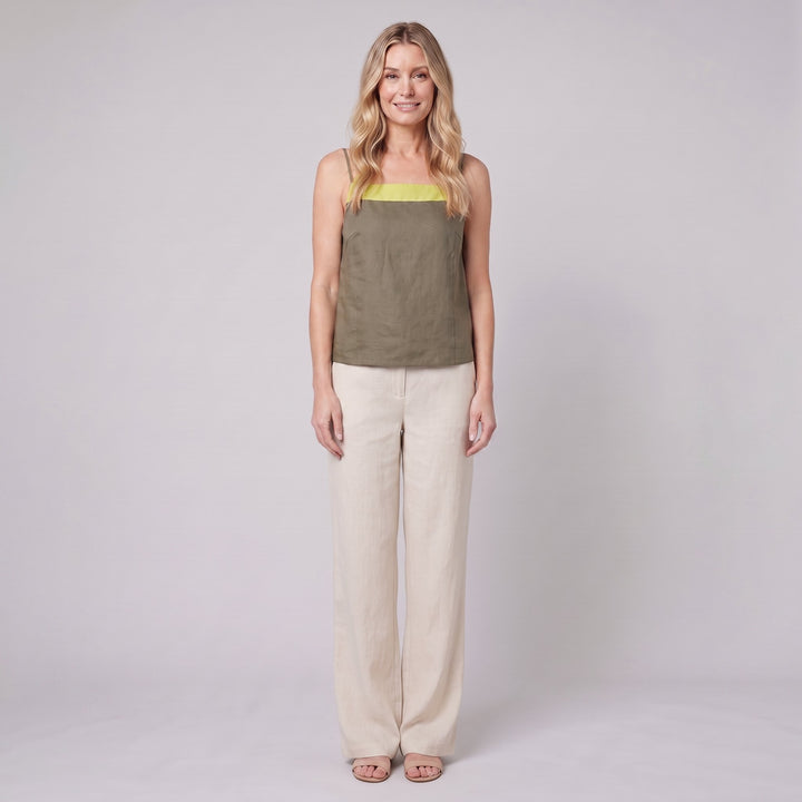 Maisie palo verde colorblock linen camisole top, front view on model