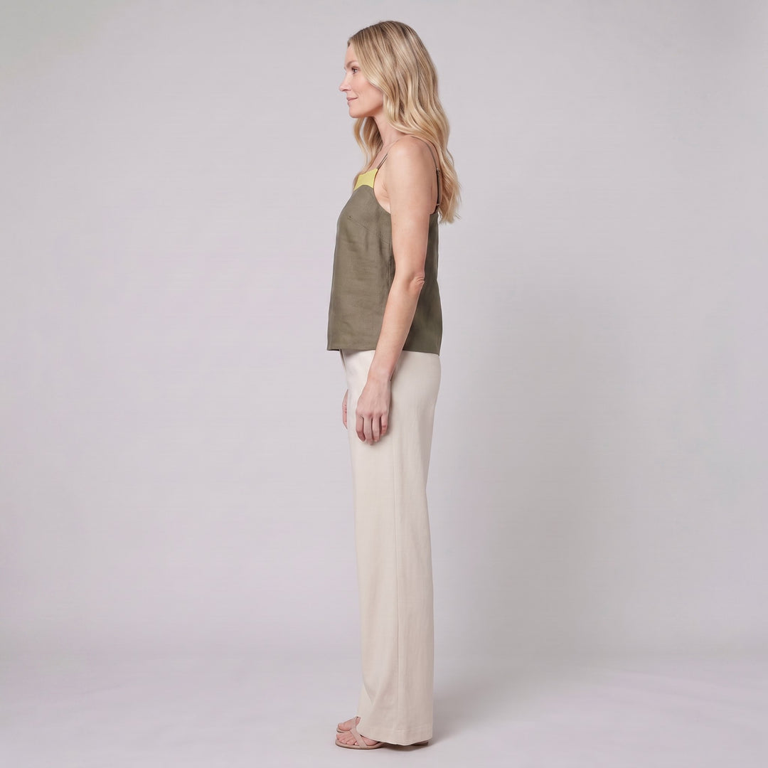 Maisie palo verde colorblock top, side view on model