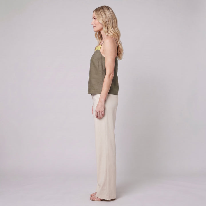 Maisie palo verde colorblock top, side view on model
